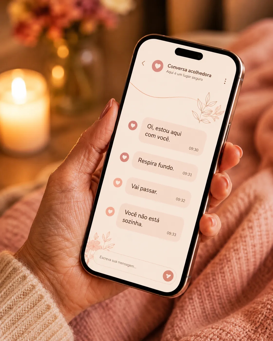 Mulher usando o celular à noite, em ambiente acolhedor